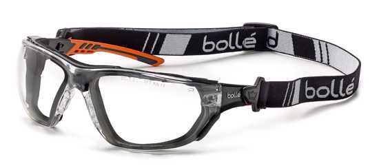 Bolle NESS+ Seal Platinum Safety Glasses with clear lens, gasket foam strap, scratch-resistant coating, and panoramic view.