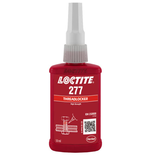 Red liquid LOCTITE 277 Threadlocker in a 50ml bottle, designed for strong permanent threadlocking in challenging environments.