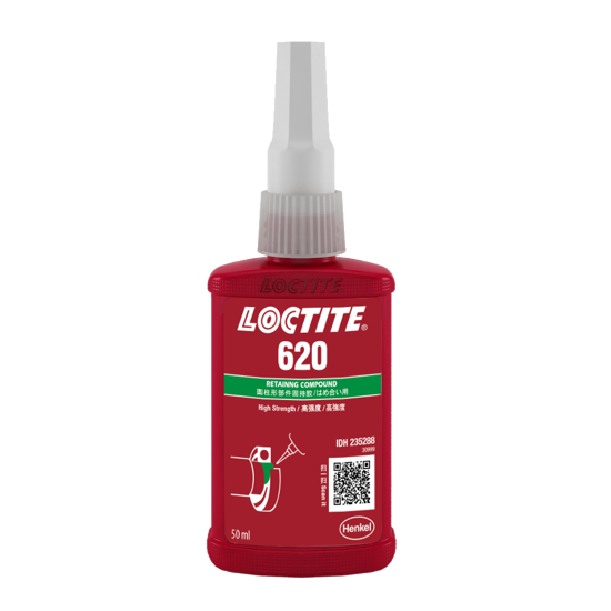 LOCTITE 620 high-strength retaining compound in green liquid form, ideal for securing cylindrical metal fittings in extreme temperatures.