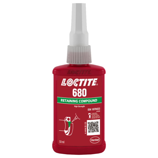 LOCTITE 680 Fast Cure Retaining Compound in green liquid form, ideal for bonding cylindrical metal parts with high strength.