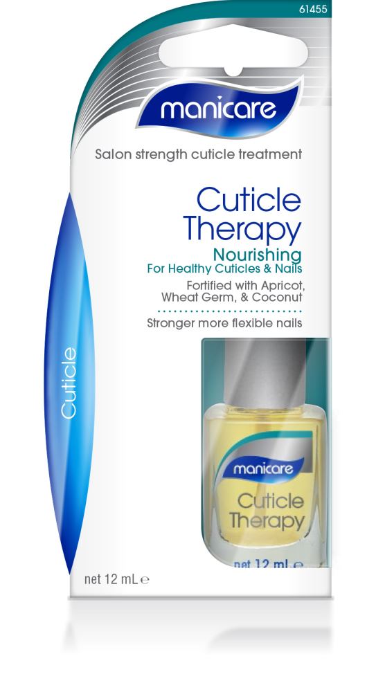 Nourishing cuticle therapy oil with natural ingredients for strong nails and hydrated cuticles, free from oily residue.