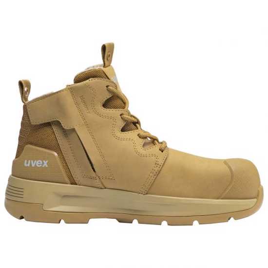Zip sided tan safety boots with composite toe, lightweight, water-resistant leather, slip-resistant outsole, and ankle flexibility.