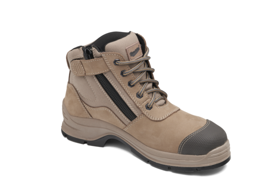 Zip Sided Safety Boots - Blundstone #325 in Stone, Size 8, featuring durable nubuck leather and steel toe cap for ultimate protection.