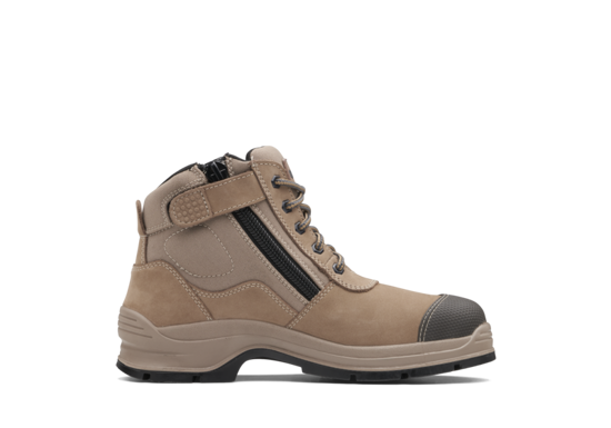 Zip Sided Safety Boots in Stone, Size 8, featuring durable nubuck leather, steel toe cap, and slip-resistant outsole for full protection.