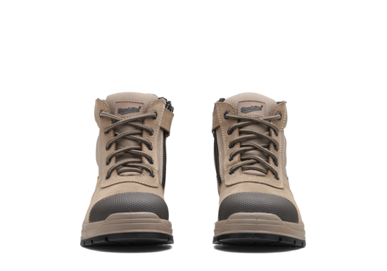Blundstone #325 Zip Sided Safety Boots in Stone, featuring steel toe cap, durable nubuck leather, and slip-resistant TPU outsole.