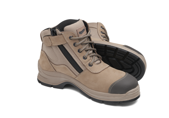 Blundstone #325 Zip Sided Safety Boots in Stone, UK Size 7; features steel toe cap, nubuck leather, and slip-resistant outsole.