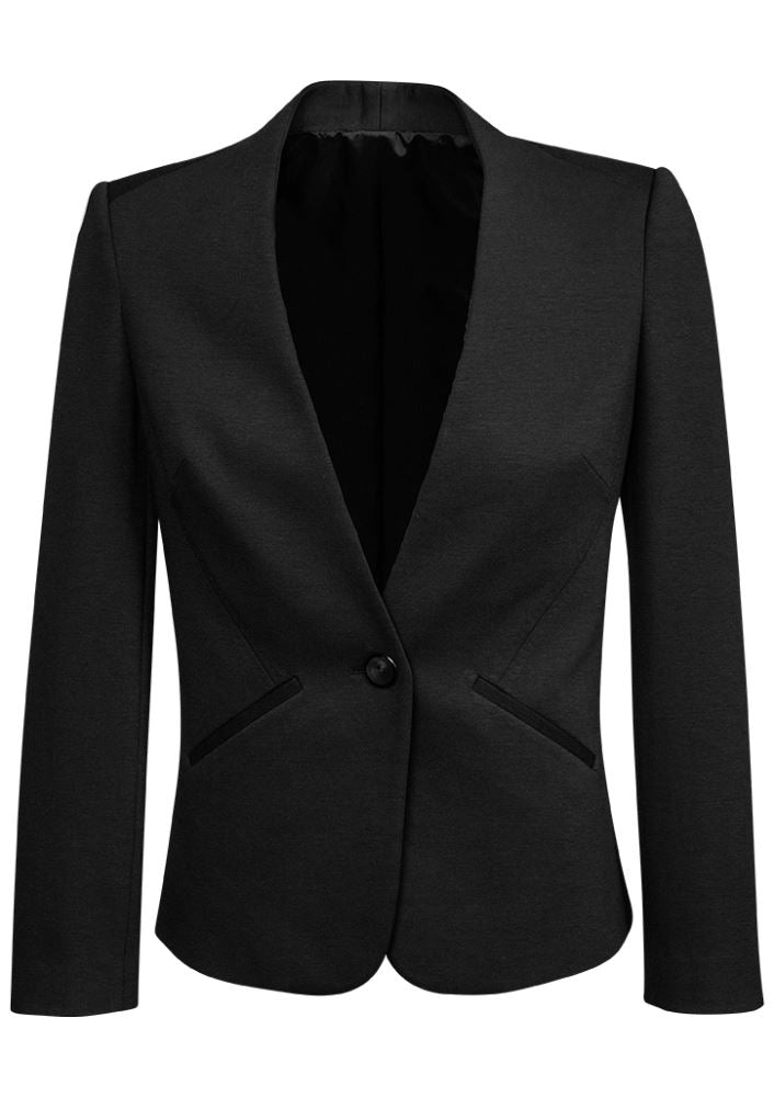 Ladies collarless charcoal jacket by Biz Collection featuring a modern design, superior stretch, and chic rear back split.