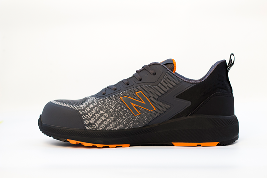 Safety shoes in grey and orange with composite toe cap, breathable mesh, and slip-resistant outsole, size 7.
