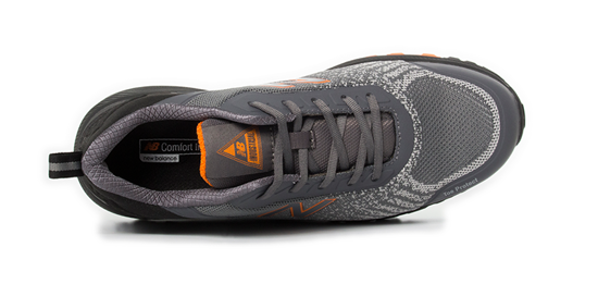 New Balance Speedware safety shoes in grey/orange, size 7, featuring composite toe cap, anti-perforation midsole, and slip-resistant outsole.