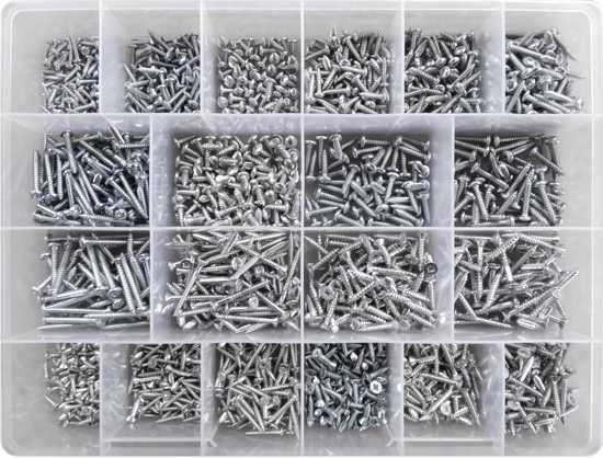 Self-tapping screw assortment kit with 1800 zinc-plated screws for various construction and DIY projects.