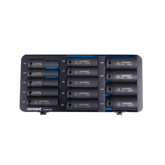 Kincrome 14-piece deep impact socket set in metric, featuring Cr-Mo durability, black phosphate finish, and an EVA storage tray.