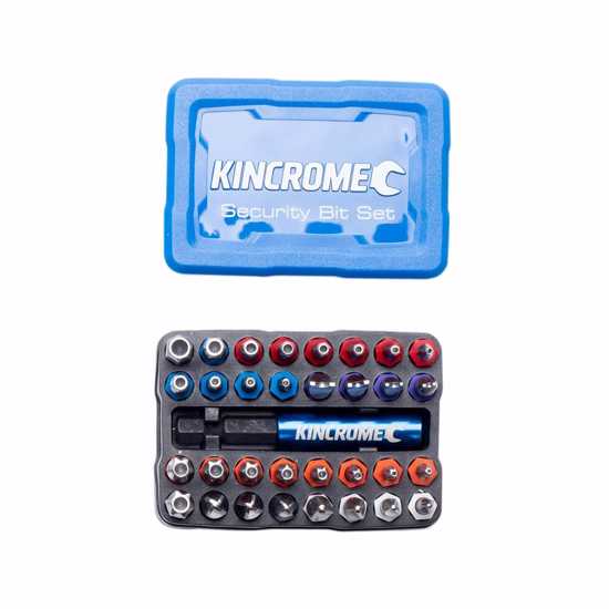 33-piece security bit set in a plastic case with color-coded S2 Cr-V steel bits and a brass holder for versatility and durability.