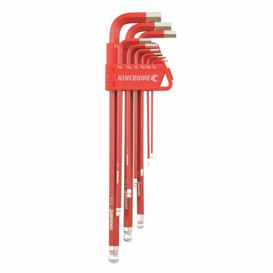 Kincrome 9-piece ball point hex key set in various imperial sizes, made from durable S2 steel with chrome finish for longevity.