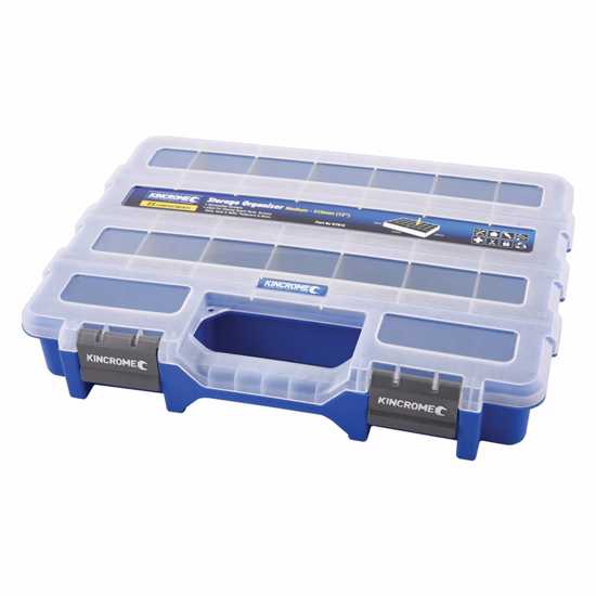 Kincrome Plastic Organiser-Medium with 23 compartments for efficient storage of screws, nails, and tools, featuring a clear lid.