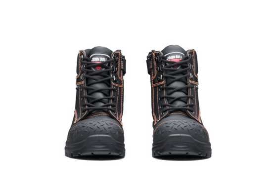 Lace up safety boots in black Bullhide leather with steel toe cap, slip-resistant sole, and CushionCore 3.0 for all-day comfort.