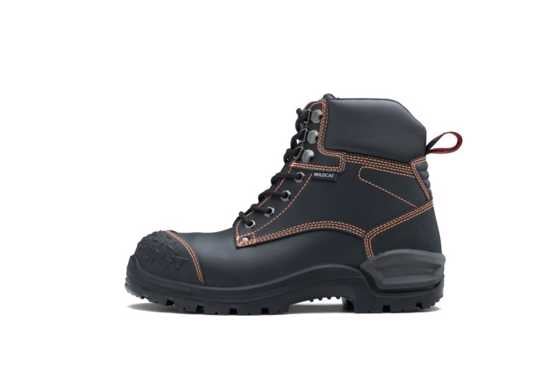 Lace Up Safety Boots in black, featuring water-resistant Bullhide leather, steel toe cap, slip-resistant outsole, and comfort technology.