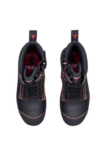 Black zip-sided safety boots with orange High-Vis stitching, steel toe cap, and moisture-wicking lining for ultimate comfort.