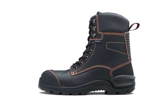 Black zip-sided safety boots with heat-resistant sole, steel toe cap, and moisture-wicking lining for ultimate comfort and protection.