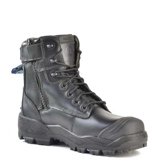 Black Bata Longreach Ultra safety boots with zip sides, composite toe cap, and slip-resistant sole, size 11.