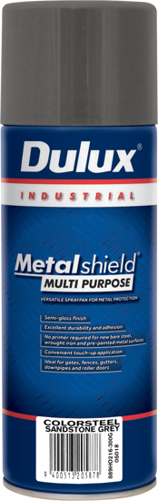 Dulux Multi Purpose Colorsteel Sandstone Grey paint, ideal for metal surfaces with a semi-gloss finish and rapid drying time.