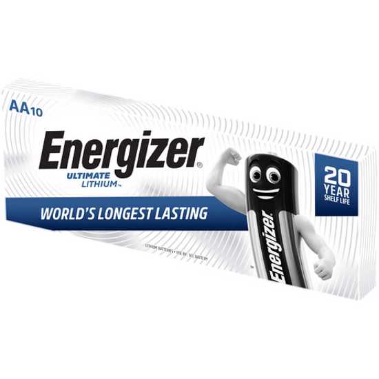 Energizer Ultimate Lithium AA Batteries 10-pack, designed for high-performance and longevity in extreme conditions.