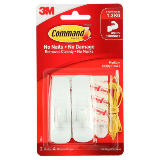 Command Utility Hooks - Medium pack of 2, designed for damage-free hanging, holding up to 1.3kg on various surfaces.