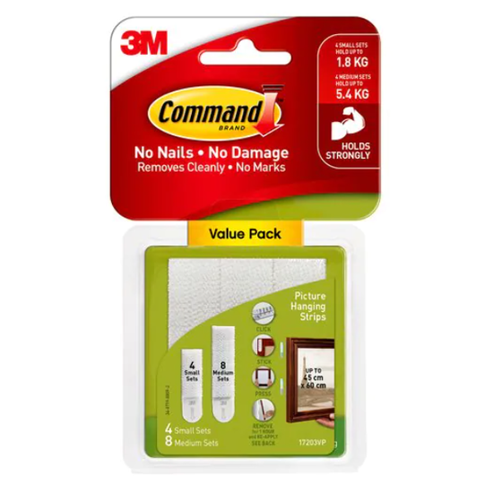 Command Picture Hanging Strips pack of 12 for damage-free wall decor, securely holds frames without nails, easy to remove.