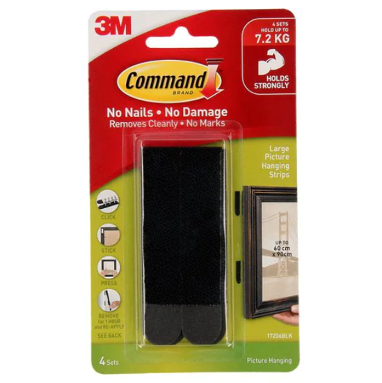 Black Command Picture Hanging Strips - Large pack of 4 for damage-free, easy hanging of artwork and decor up to 7.2kg.