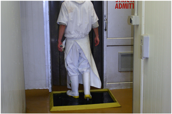 Footwash Mat (1000 x 820mm) in black with yellow border, designed for washing boots in food handling areas, non-slip and durable.