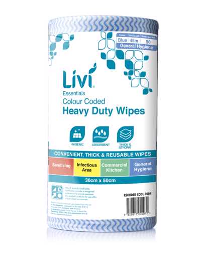 Livi Blue Colour Coded Cloth Wipes, 30cm x 50cm, perforated roll for hygienic, reusable cleaning in home or commercial settings.