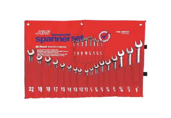 JBS 25-Piece Spanner Set with metric and imperial sizes, crafted from chrome vanadium steel for durability and performance.
