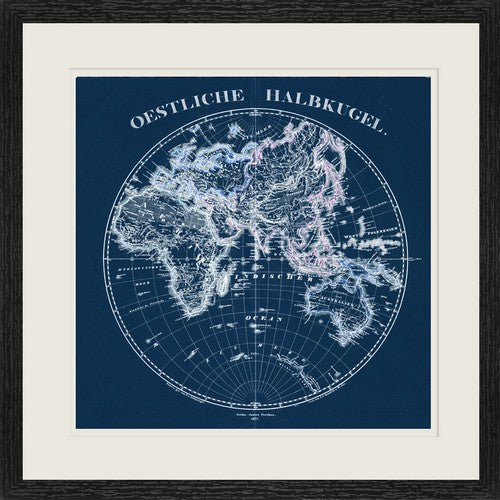 Framed art piece featuring a detailed map of the eastern hemisphere, measuring 60x60cm, ready to hang.