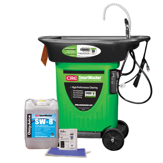 CRC SmartWasher System Starter Kit SW23-8-Kit, a mobile eco-friendly parts washer with 180 kg capacity, includes cleaning solution and filters.