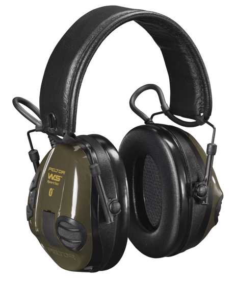 3M PELTOR SportTac hunting ear protectors with smooth sound function, interchangeable orange and green shells, and collapsible design.