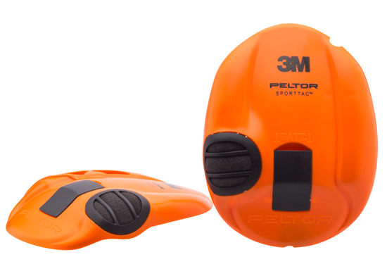 3M PELTOR SportTac hearing protector for hunters, features interchangeable shells, collapsible design, and ambient sound amplification.