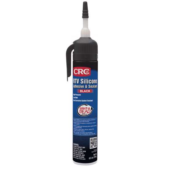 Black RTV silicone sealant tube with Select-a-Bead nozzle for precise application, ideal for sealing and bonding various surfaces.