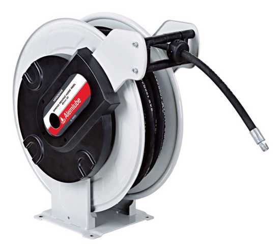 Alemlube EL Series Metal Air/Water Hose Reel with 1" x 8m hose, featuring a sturdy steel frame and rust-resistant finish.