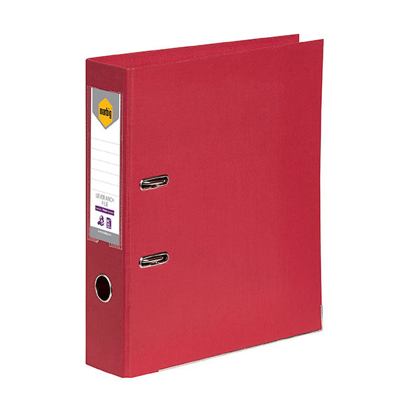 Vibrant red Marbig Lever Arch file with 75mm capacity, elegant linen finish, and secure locking mechanism for organized paperwork.