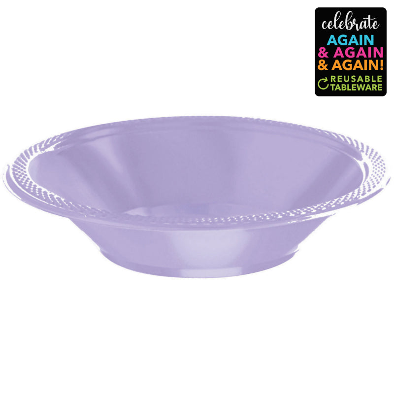 Pack of 20 reusable lavender lilac plastic bowls, 355ml, 18cm, stylish and dishwasher safe for any dining occasion.