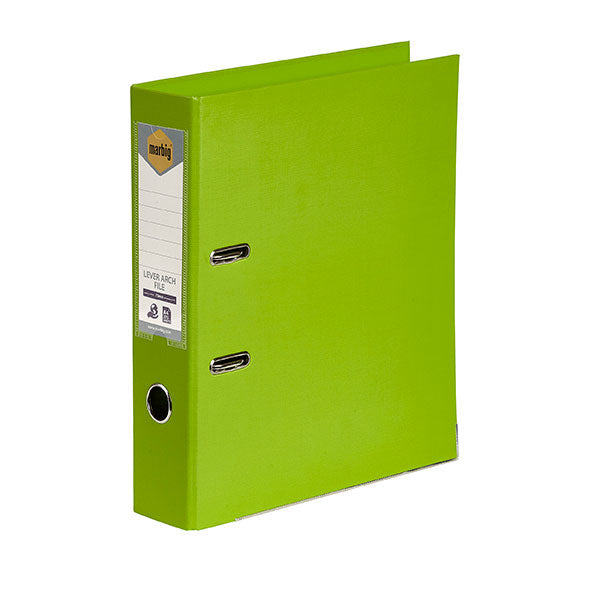 Eco-friendly Marbig PE Lever Arch File in vibrant lime, 75mm capacity, holds 375 sheets, with secure locking mechanism.