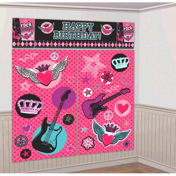 Vibrant Rocker Girl Decorating Kit featuring five plastic wall decorations for rock-themed parties and photo backdrops.