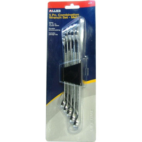 Premium 5-piece metric combination wrench set in heat-treated carbon steel for durability and precise fits on fasteners.