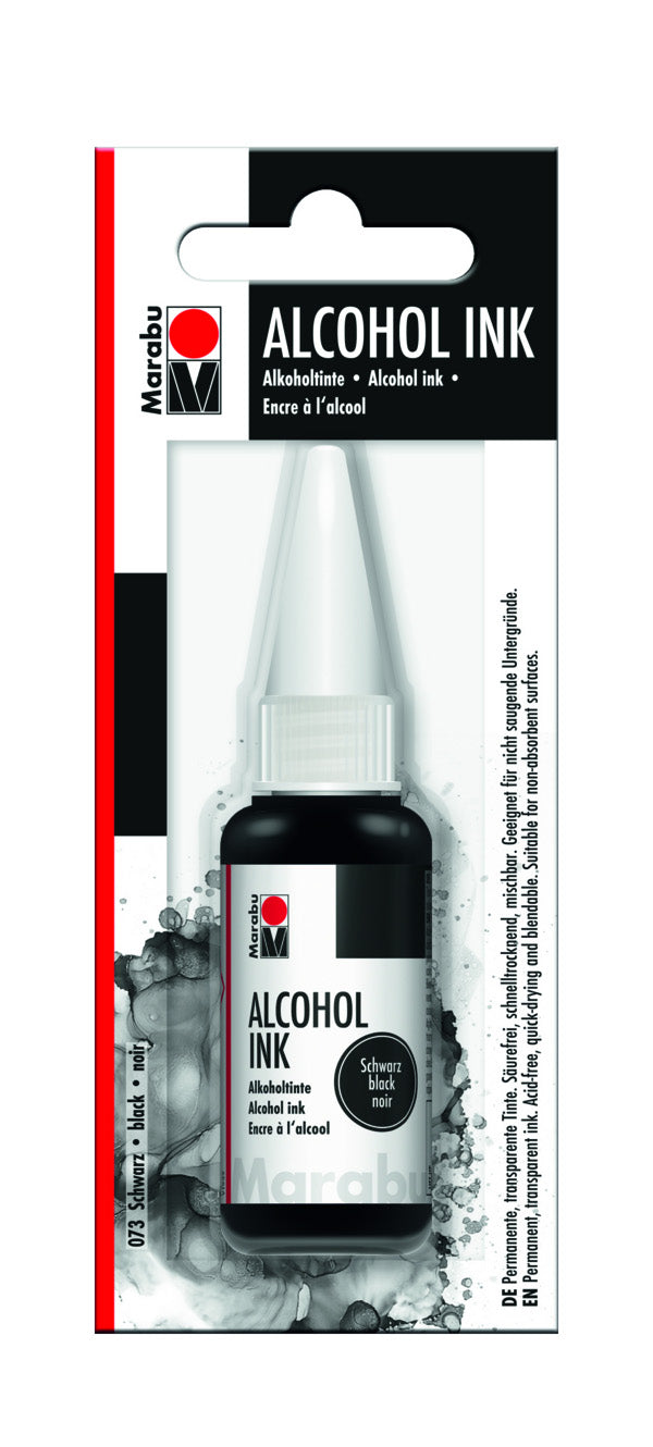 Black MARABU Alcohol Ink in a 20ml bottle, ideal for vibrant fluid painting on non-absorbent surfaces.