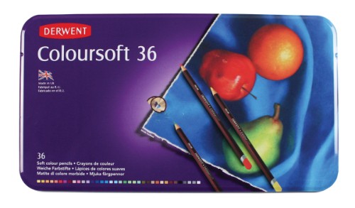 Derwent Coloursoft Pencils in a tin of 36, featuring soft, vibrant colors for smooth application and layering in art.