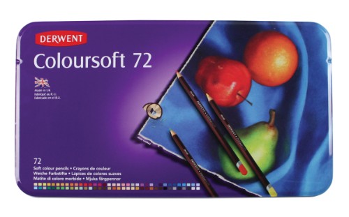 Derwent Coloursoft Pencils in an assorted tin of 72, featuring rich colors and a soft, velvety texture for effortless application.
