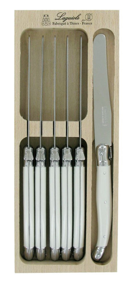 Set of 6 elegant white table knives by Andre Verdier Laguioles, featuring stainless steel blades and resin handles with Laguiole Bee.