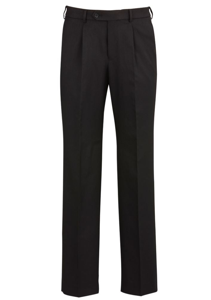 Men's One Pleat Pant Stout in black, featuring front pleat, stretch waistband, and internal security pocket for convenience.