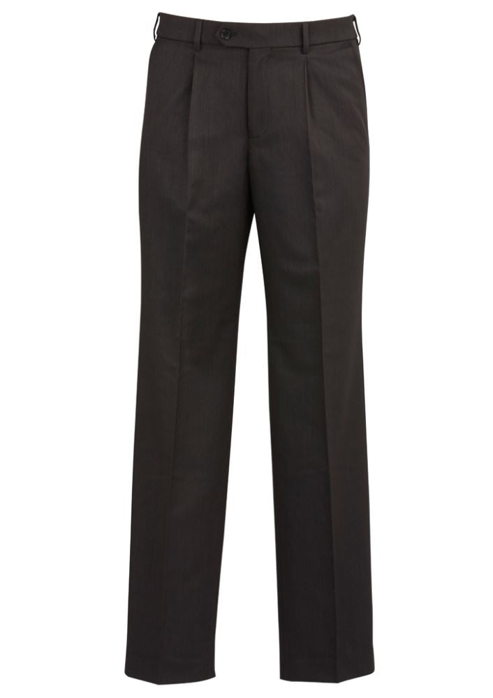 Men's charcoal pleat pants with stretch waistband, breathable fabric, and secure pockets for modern professional style.