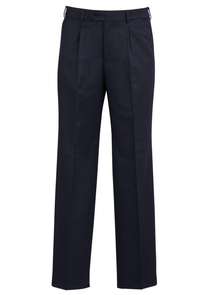 Men's navy one pleat pants from Biz Collection, featuring a comfortable fit, stretch waistband, and practical internal pocket.
