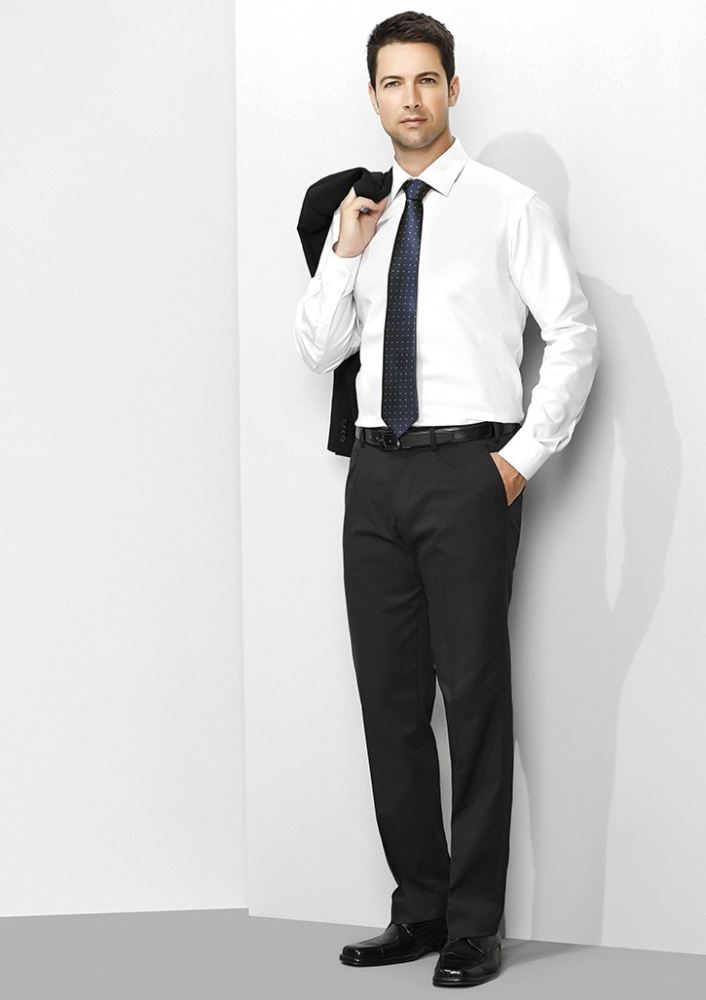 Men's charcoal dress pants with a small front pleat, stretch waistband, and internal pocket for a professional look.